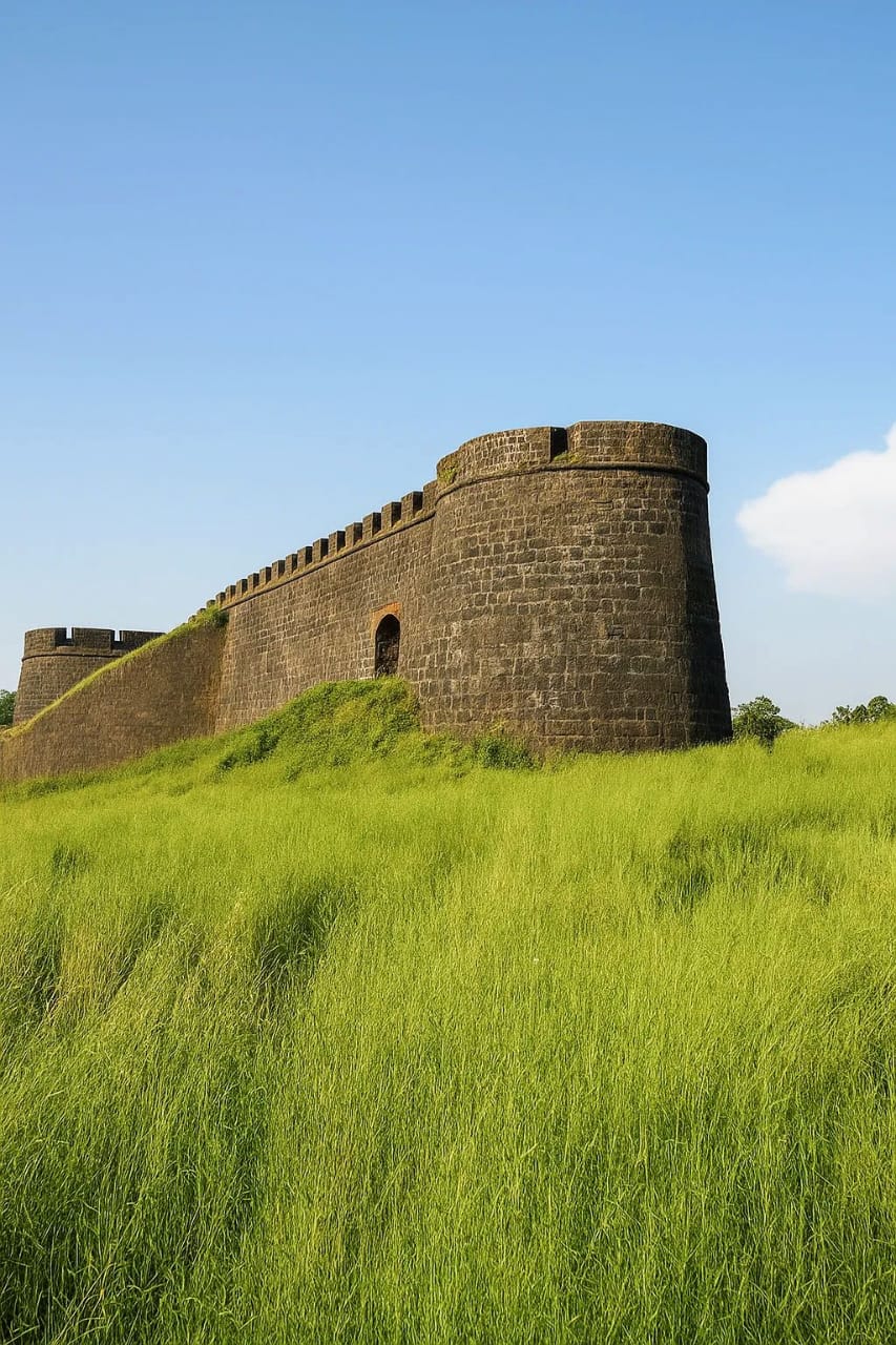 Hosdurg Fort in Kasaragod, Kerala, with stone walls and a rounded bastion on a grassy hill under a blue sky.