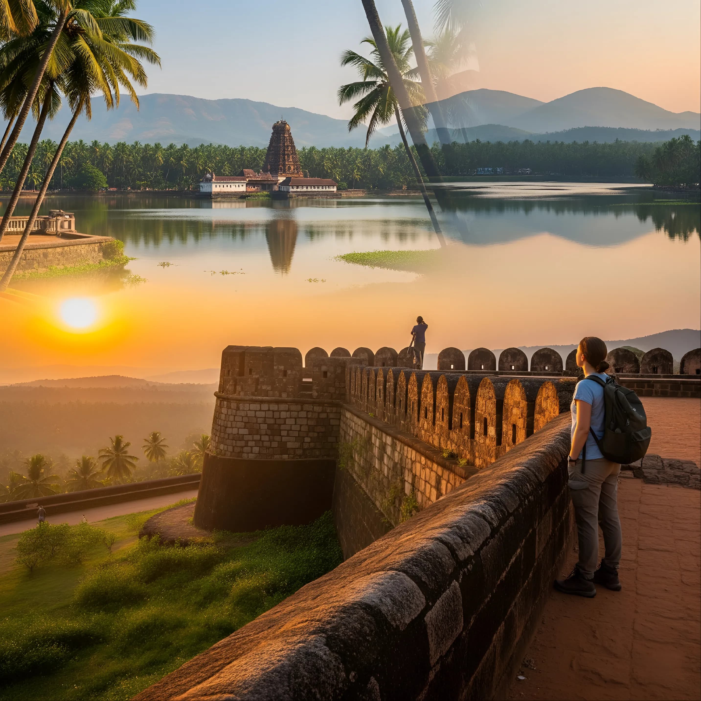 A cinematic photo of a traveler at Bekal Fort, looking out at a stunning landscape that seamlessly includes the Ananthapura Lake Temple and the lush hills of Ranipuram at sunset.