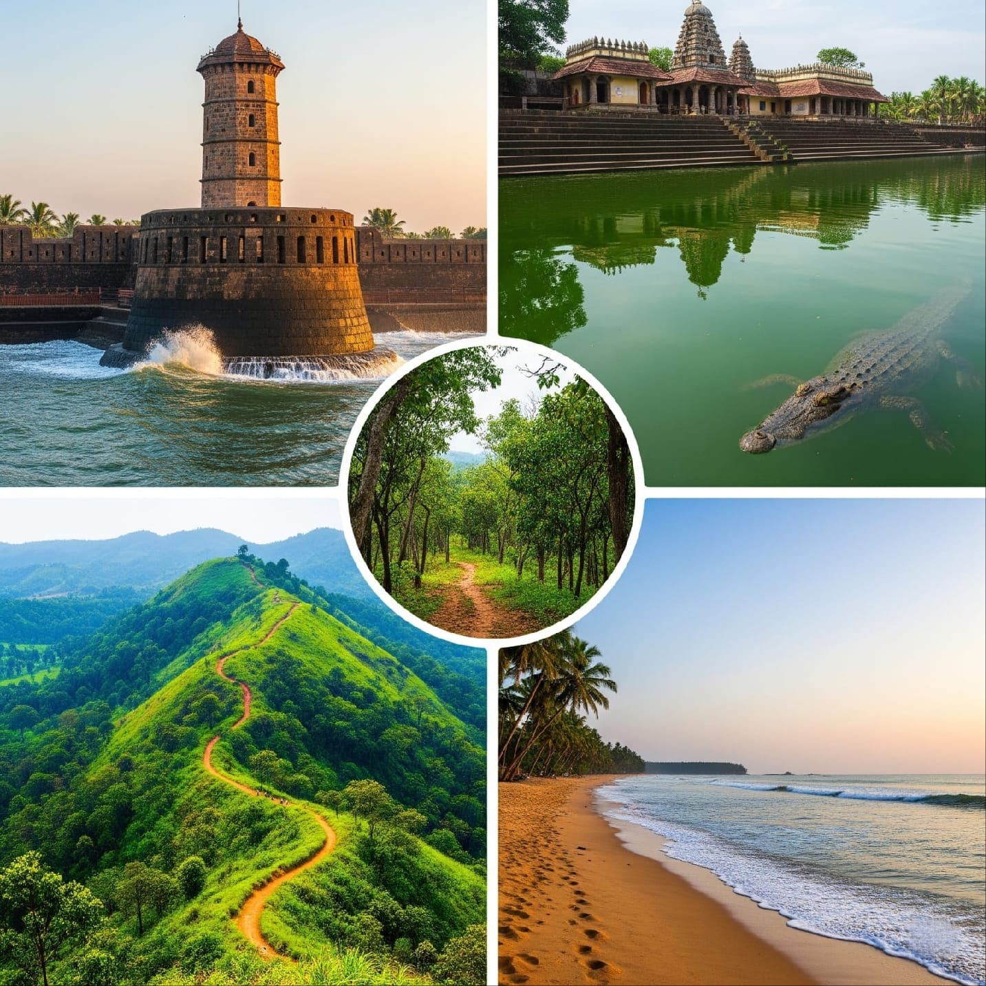 A four-panel collage photo showing Bekal Fort, the Ananthapura Lake Temple with a vegetarian crocodile, a scenic trekking trail, and a coastal beach at sunset, representing a day tour in Kasaragod.