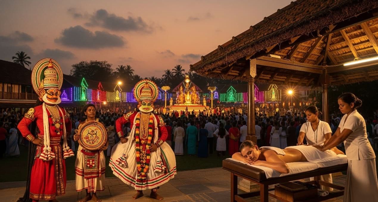 Performers in colorful, elaborate Kathakali and Theyyam costumes stand near a woman receiving a massage in a peaceful pavilion, with a festive crowd and bright lights in the background at dusk.