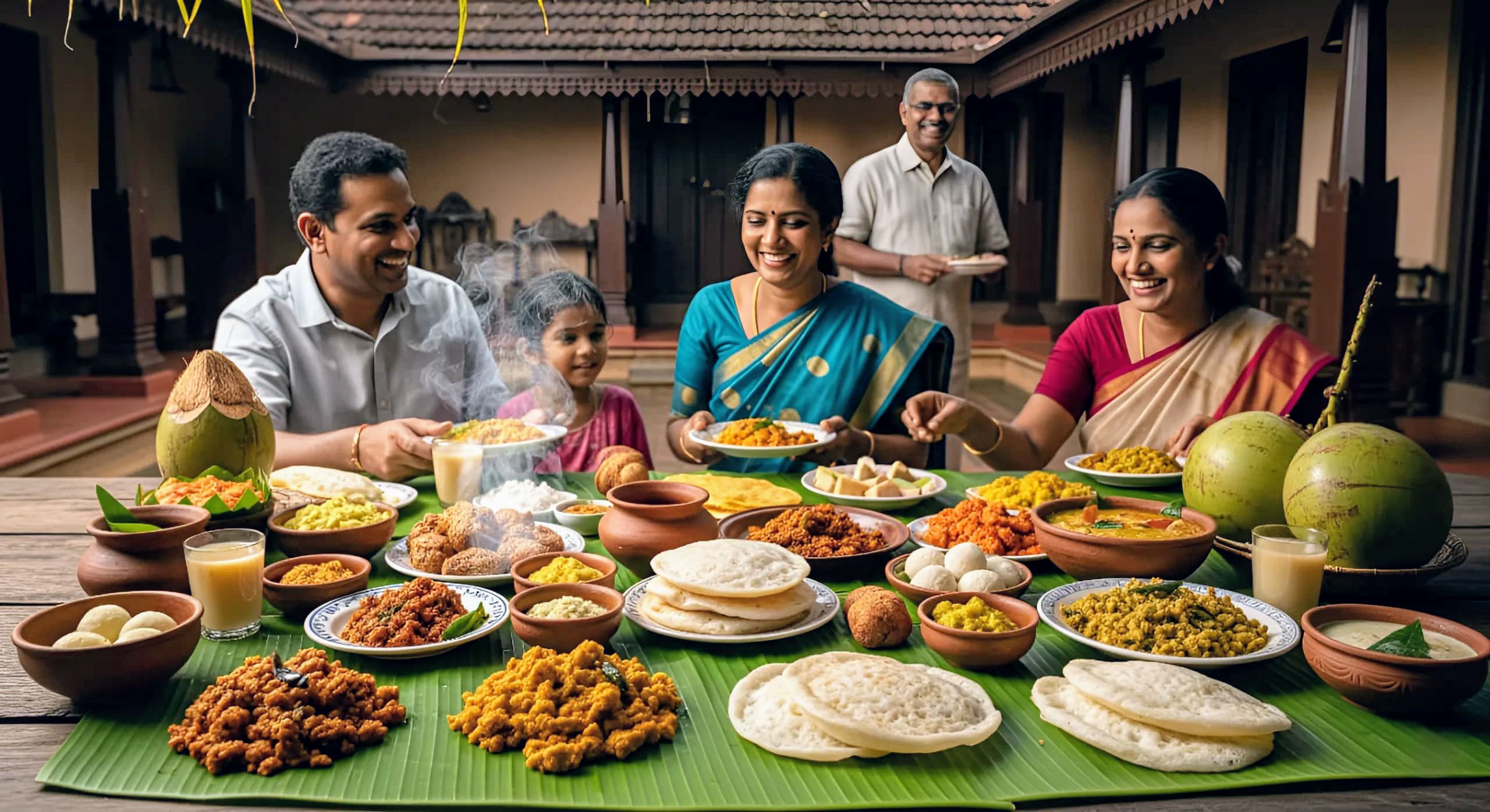 A family smiling and enjoying a traditional Kerala meal on a banana leaf in a rustic courtyard, featuring various authentic dishes.