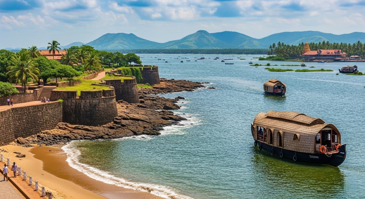 A horizontal image of Kasaragod, Kerala, showing a coastal fort, backwaters with houseboats, hills, and a sandy beach.