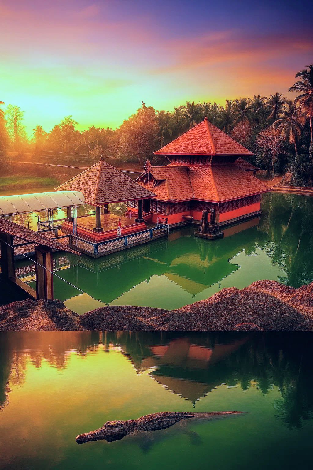 The Ananthapura Lake Temple, with its famous vegetarian crocodile, is beautifully reflected in the tranquil lake at sunrise.
