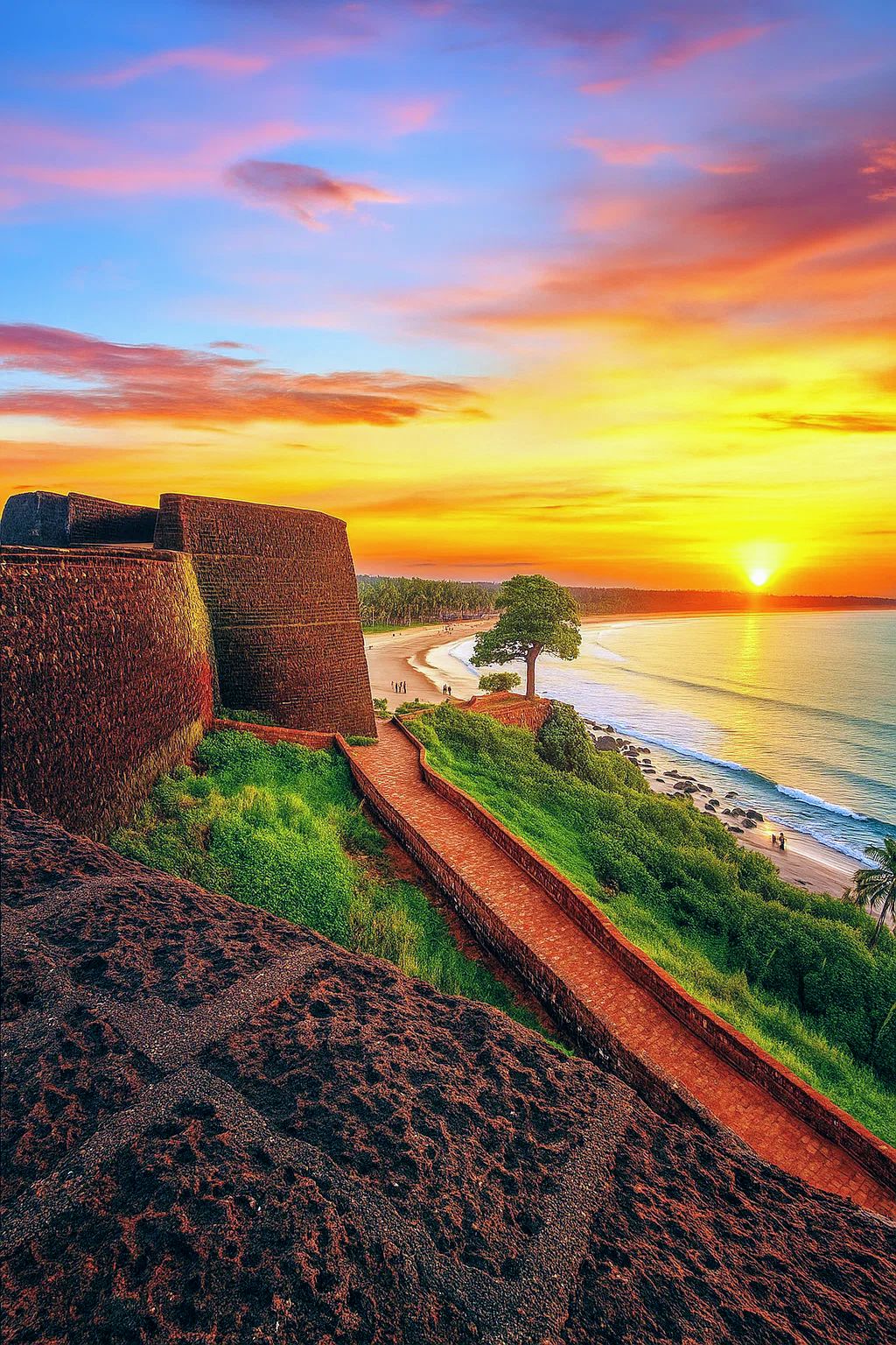 The historic Bekal Fort stands majestically against the vibrant colors of a stunning sunset over the Arabian Sea.