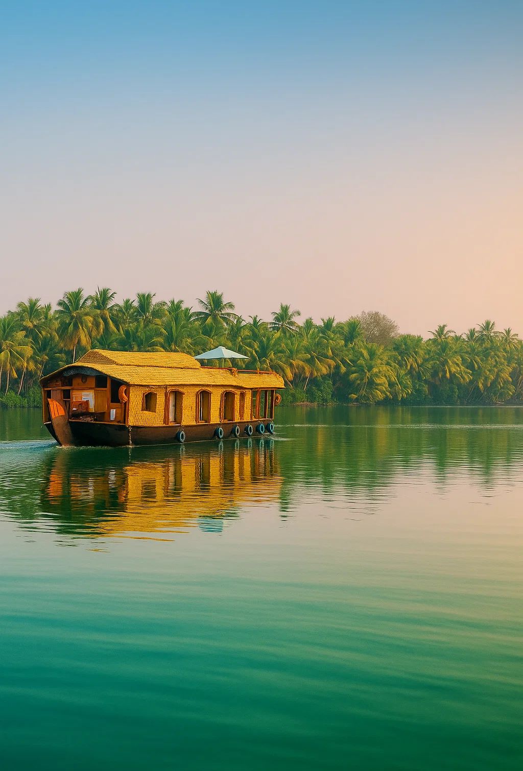 Drift into tranquility on a traditional houseboat cruise through the serene Valiyaparamba backwaters of Kerala.