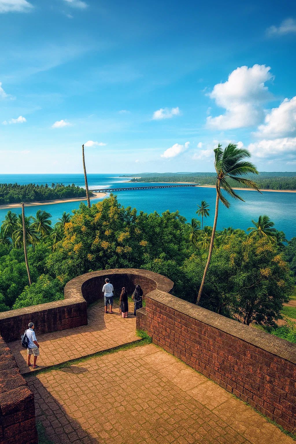 Tourists stand on a red brick platform at Chandragiri Fort, looking out at a wide estuary where a river meets the blue sea with a bridge in the distance.