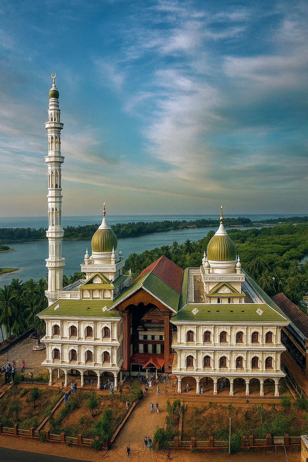An elevated view of the white Malik Dinar Mosque with its tall minaret and green domes, situated on a headland between a river and the sea.