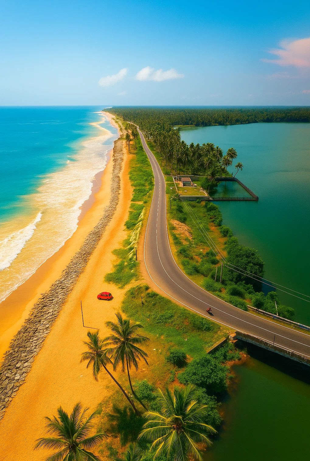 An aerial view of a road on a thin strip of land separating a turquoise sea with a sandy beach from a calm backwater estuary lined with palm trees.
